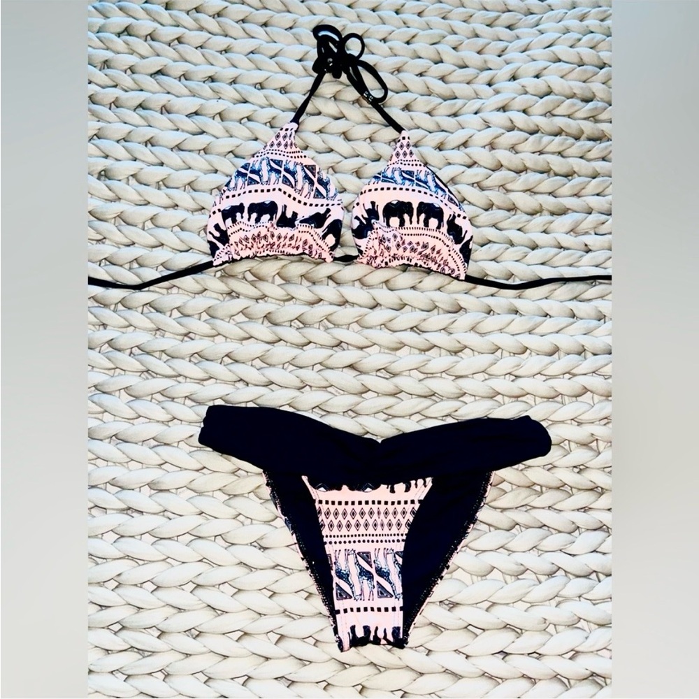 Guria Brazillian Boho Swimwear Pink and Black Elephant Print Bikini Set - Picture 3 of 12